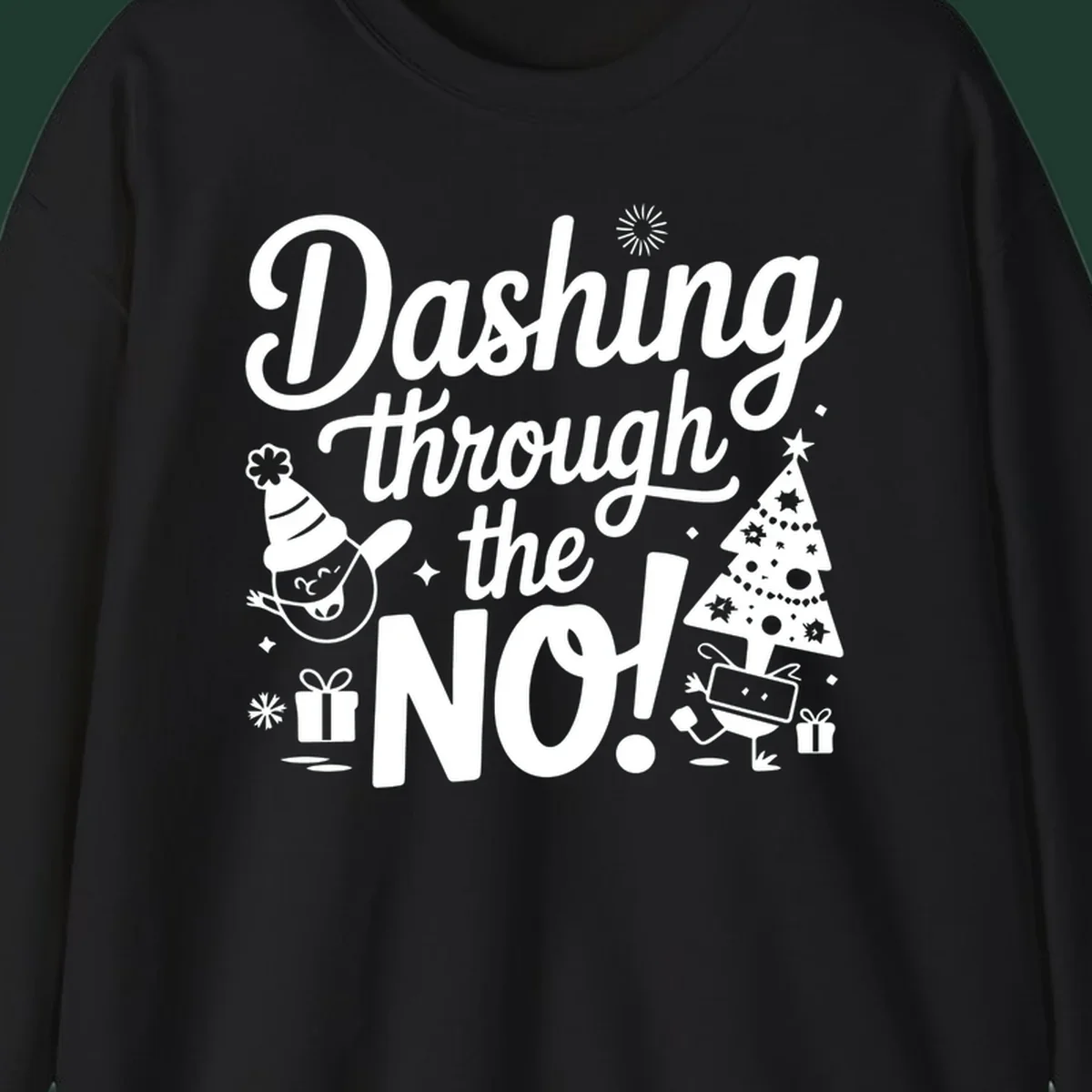 Dashing through the NO! Christmas graphic with text, tree, gifts, and characters.