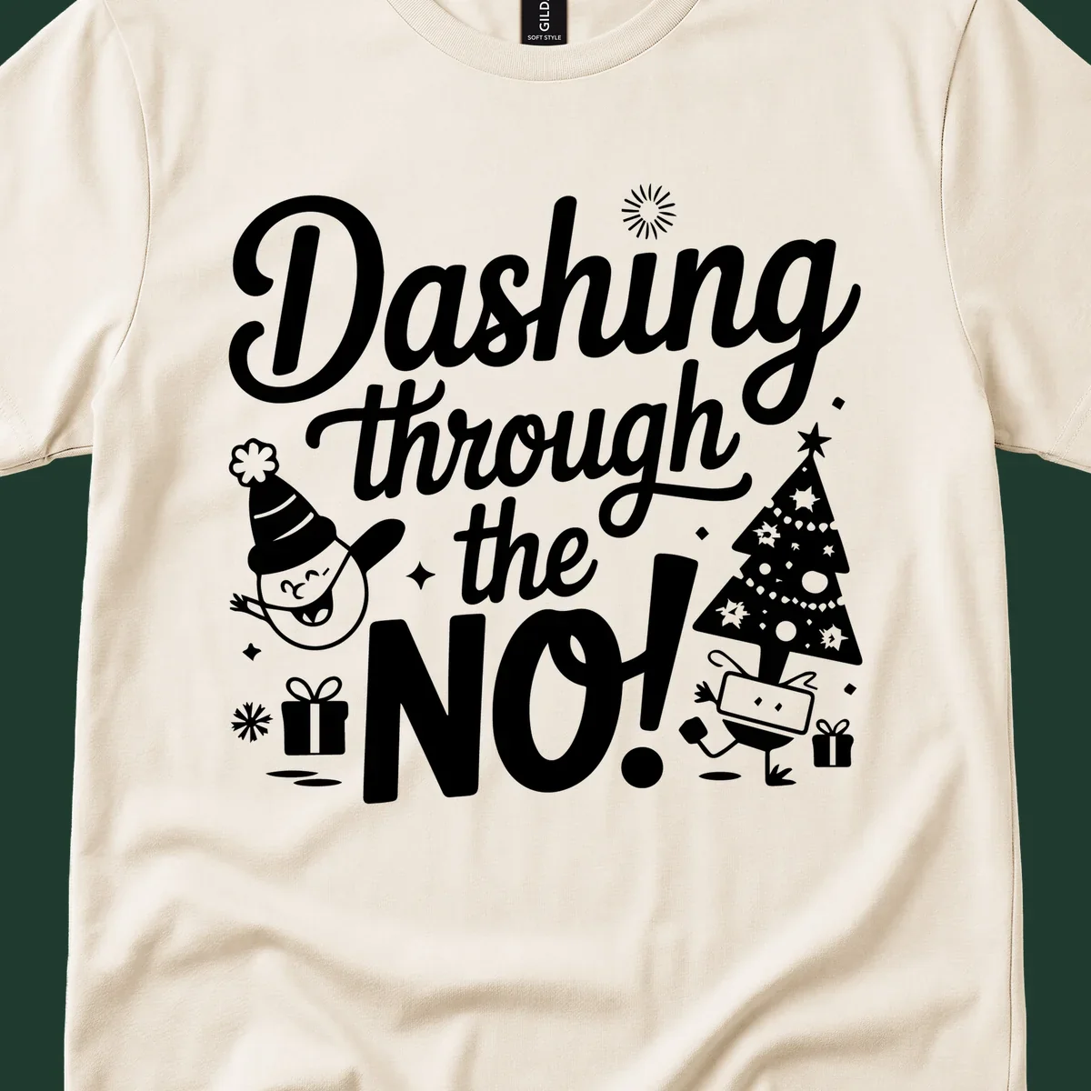 Dashing through the NO! Christmas graphic with text, tree, gifts, and characters.