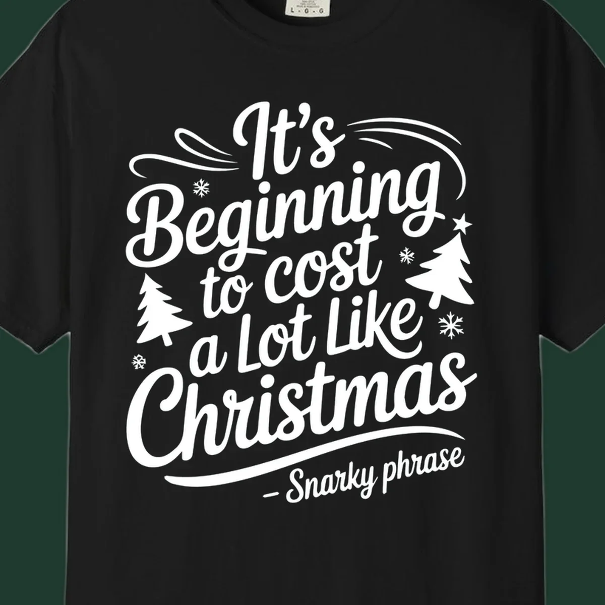 Typography design with the phrase It's Beginning to Cost A Lot Like Christmas, featuring decorative snowflakes and trees.