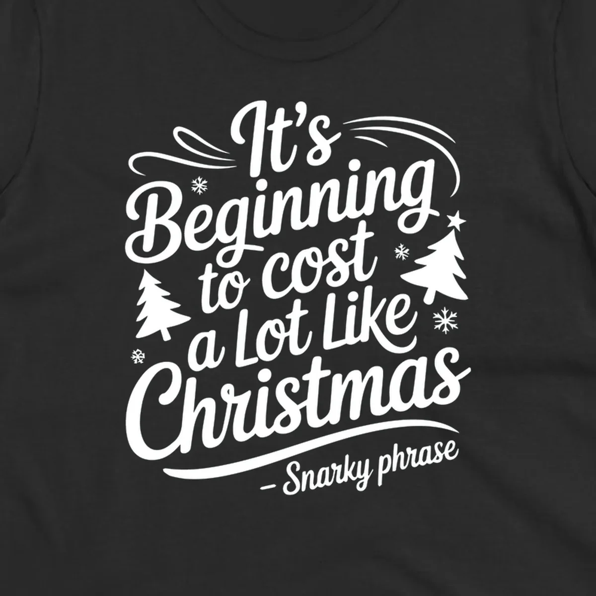 Typography design with the phrase It's Beginning to Cost A Lot Like Christmas, featuring decorative snowflakes and trees.