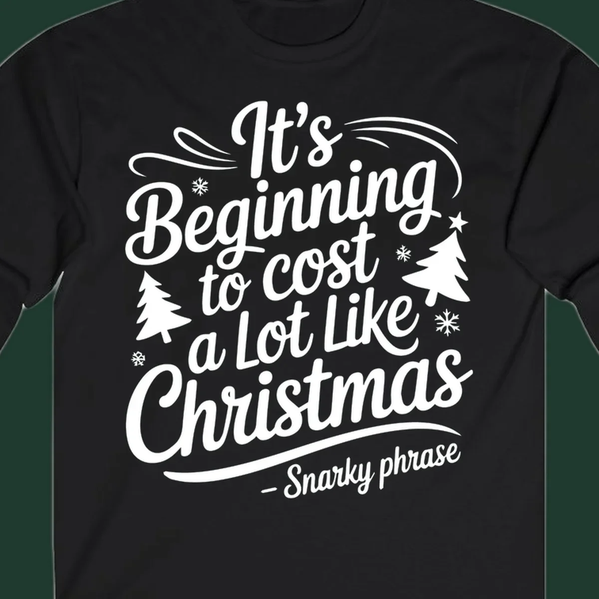 Typography design with the phrase It's Beginning to Cost A Lot Like Christmas, featuring decorative snowflakes and trees.