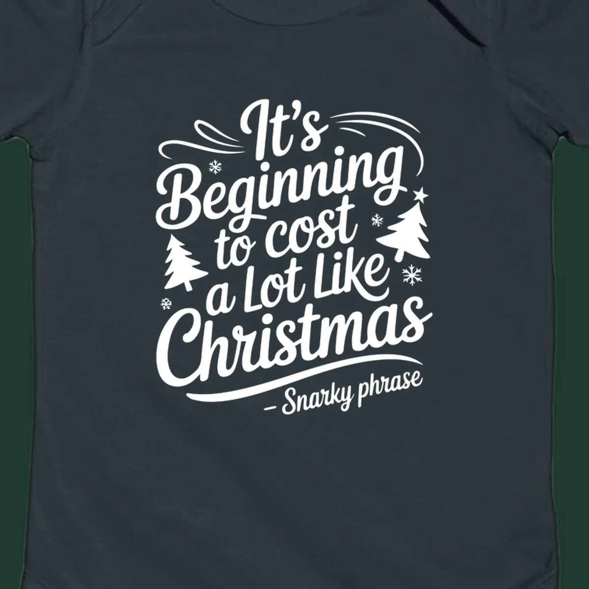 Typography design with the phrase It's Beginning to Cost A Lot Like Christmas, featuring decorative snowflakes and trees.