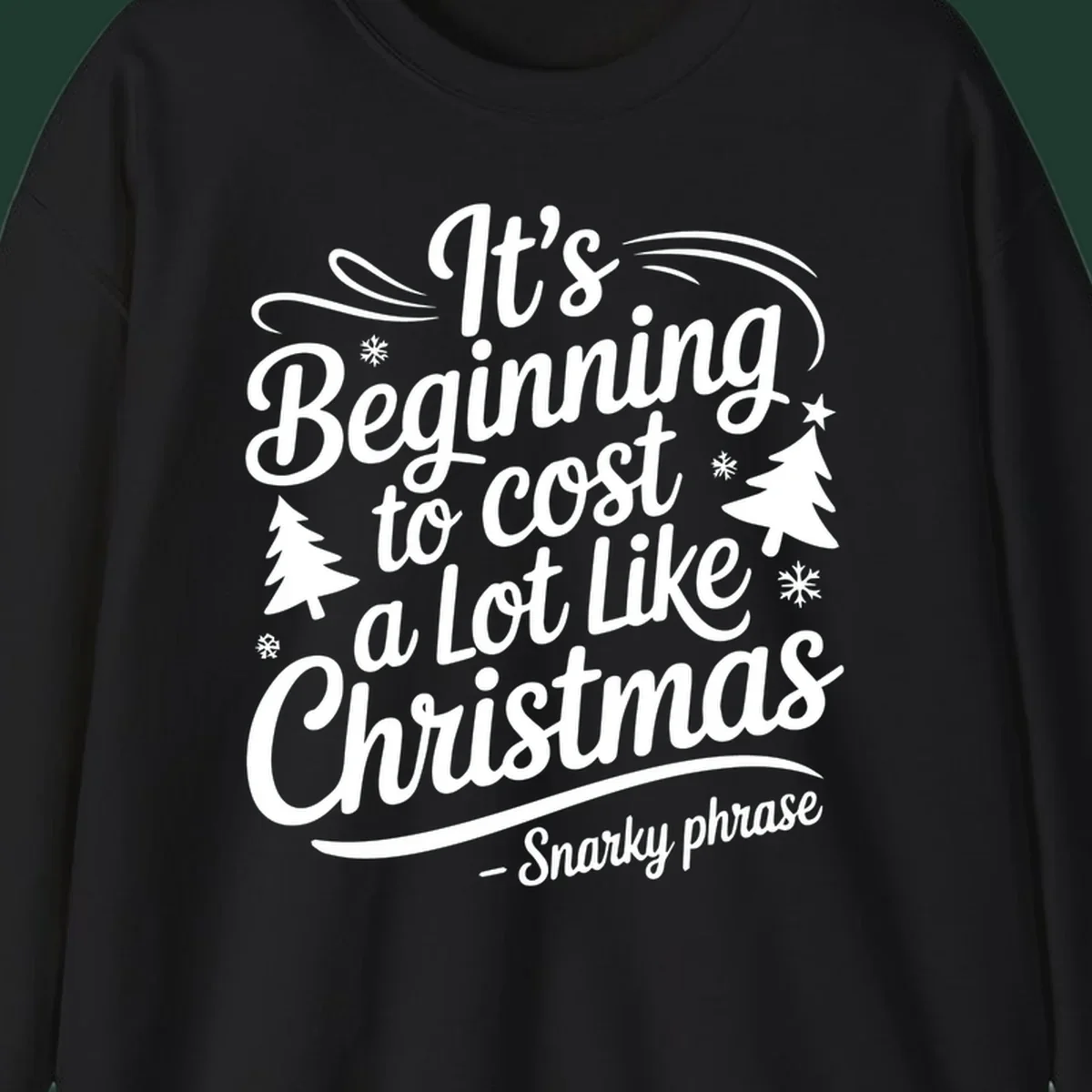 Typography design with the phrase It's Beginning to Cost A Lot Like Christmas, featuring decorative snowflakes and trees.