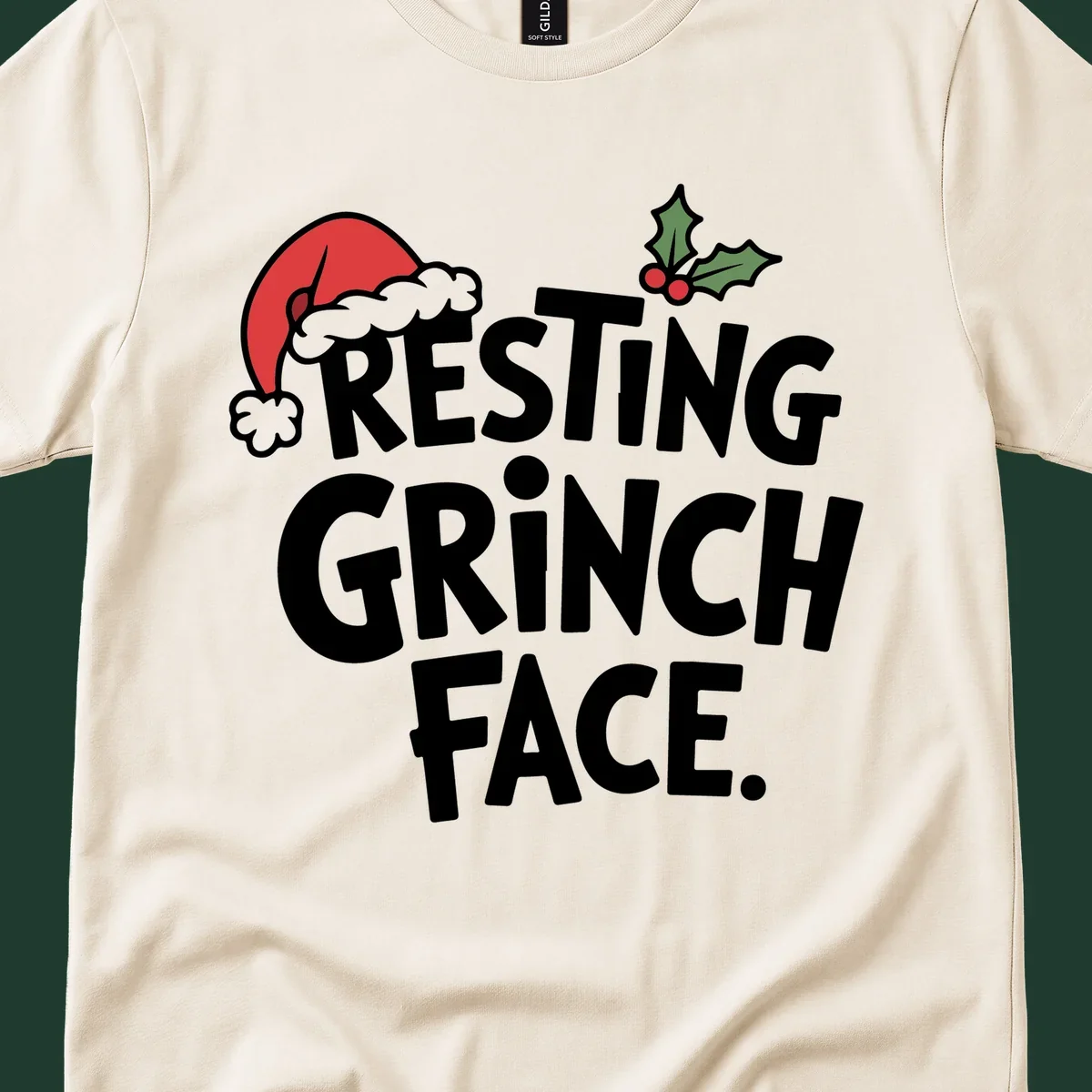 Resting Grinch Face text with Santa hat and holly sprig