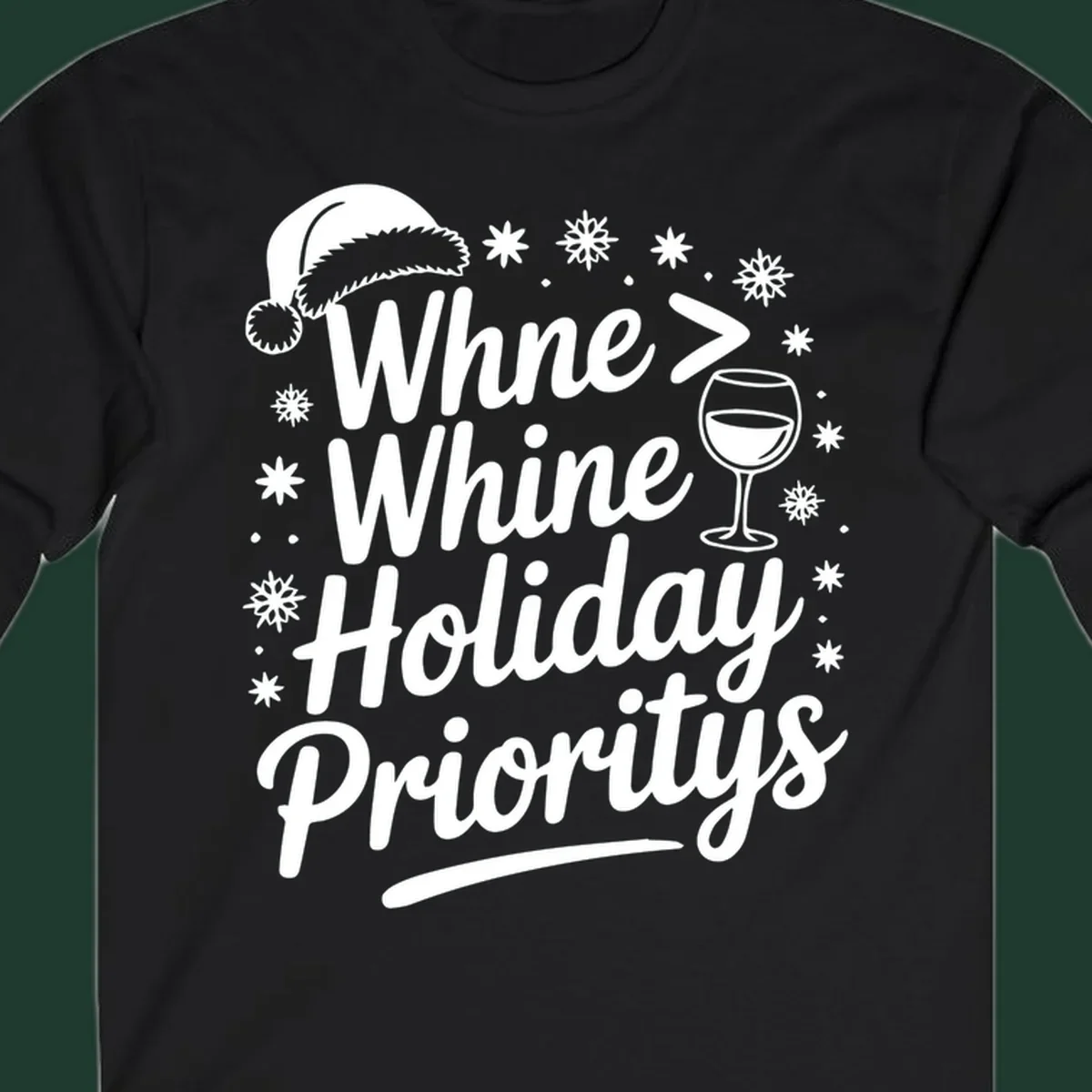 Wine Over Whine Holiday Priorities text with Santa hat, wine glass, and snowflakes.