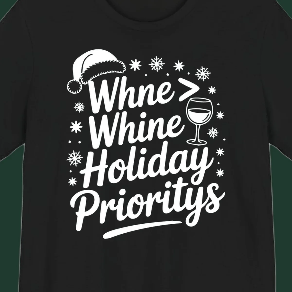 Wine Over Whine Holiday Priorities text with Santa hat, wine glass, and snowflakes.