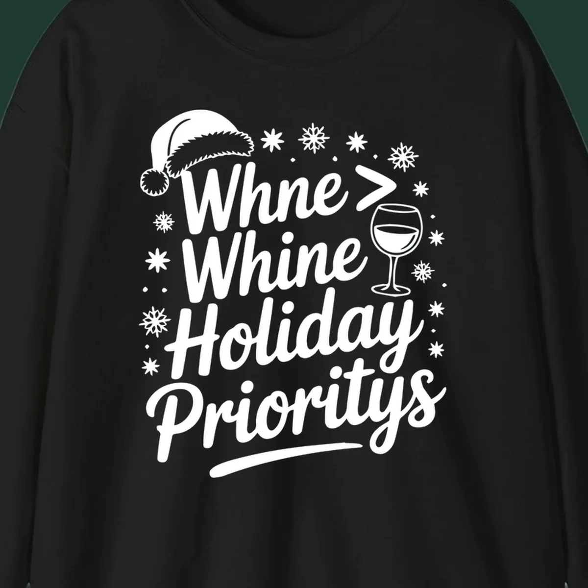 Wine Over Whine Holiday Priorities text with Santa hat, wine glass, and snowflakes.