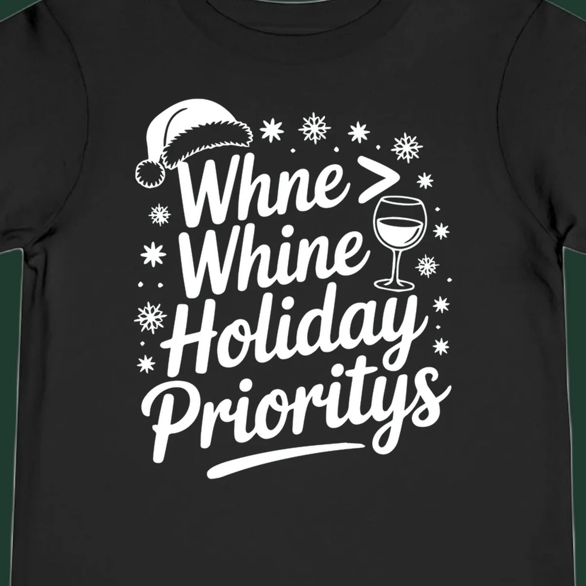 Wine Over Whine Holiday Priorities text with Santa hat, wine glass, and snowflakes.