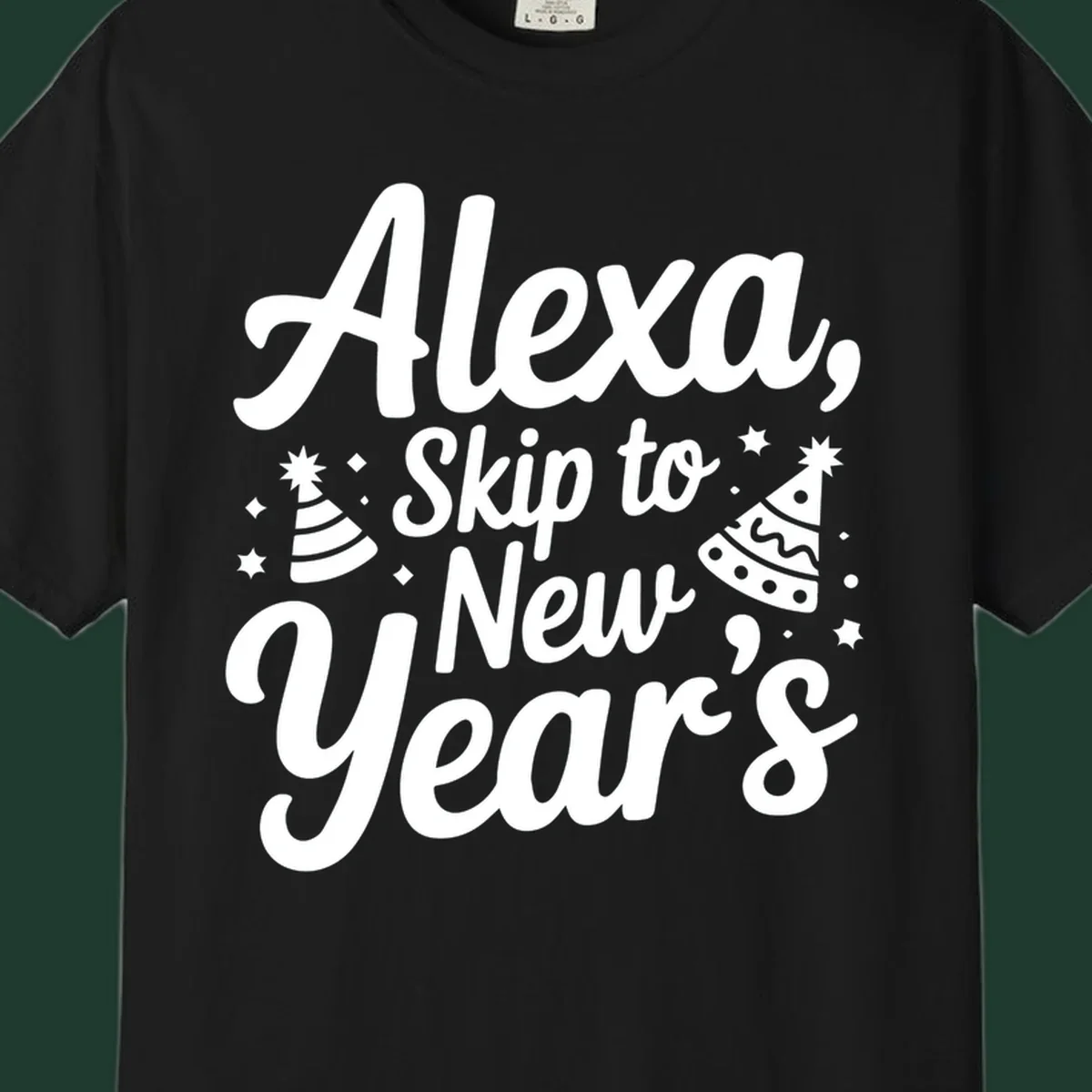 Alexa Skip To New Year's text with party hats and stars graphic.