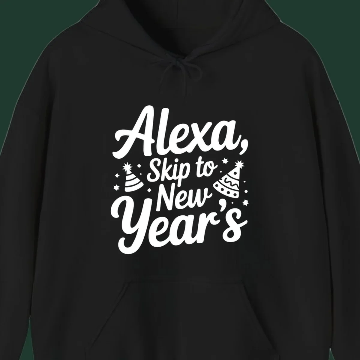 Alexa Skip To New Year's text with party hats and stars graphic.