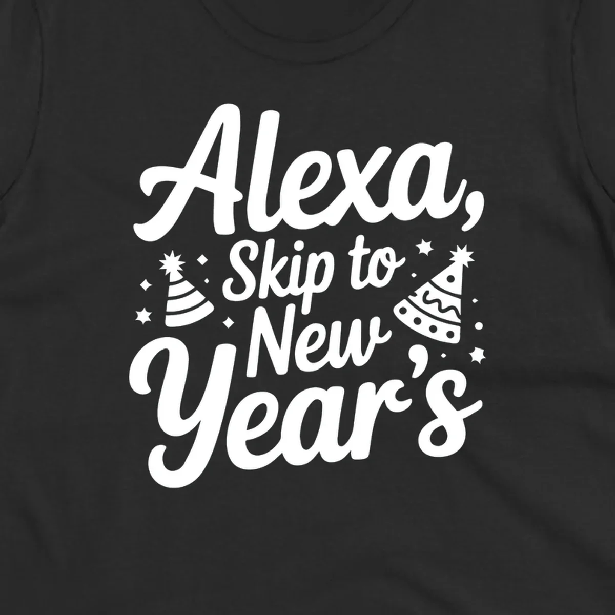 Alexa Skip To New Year's text with party hats and stars graphic.