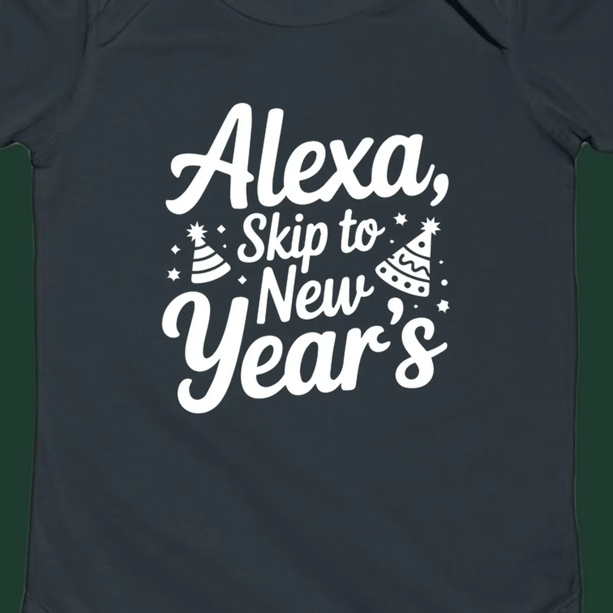 Alexa Skip To New Year's text with party hats and stars graphic.