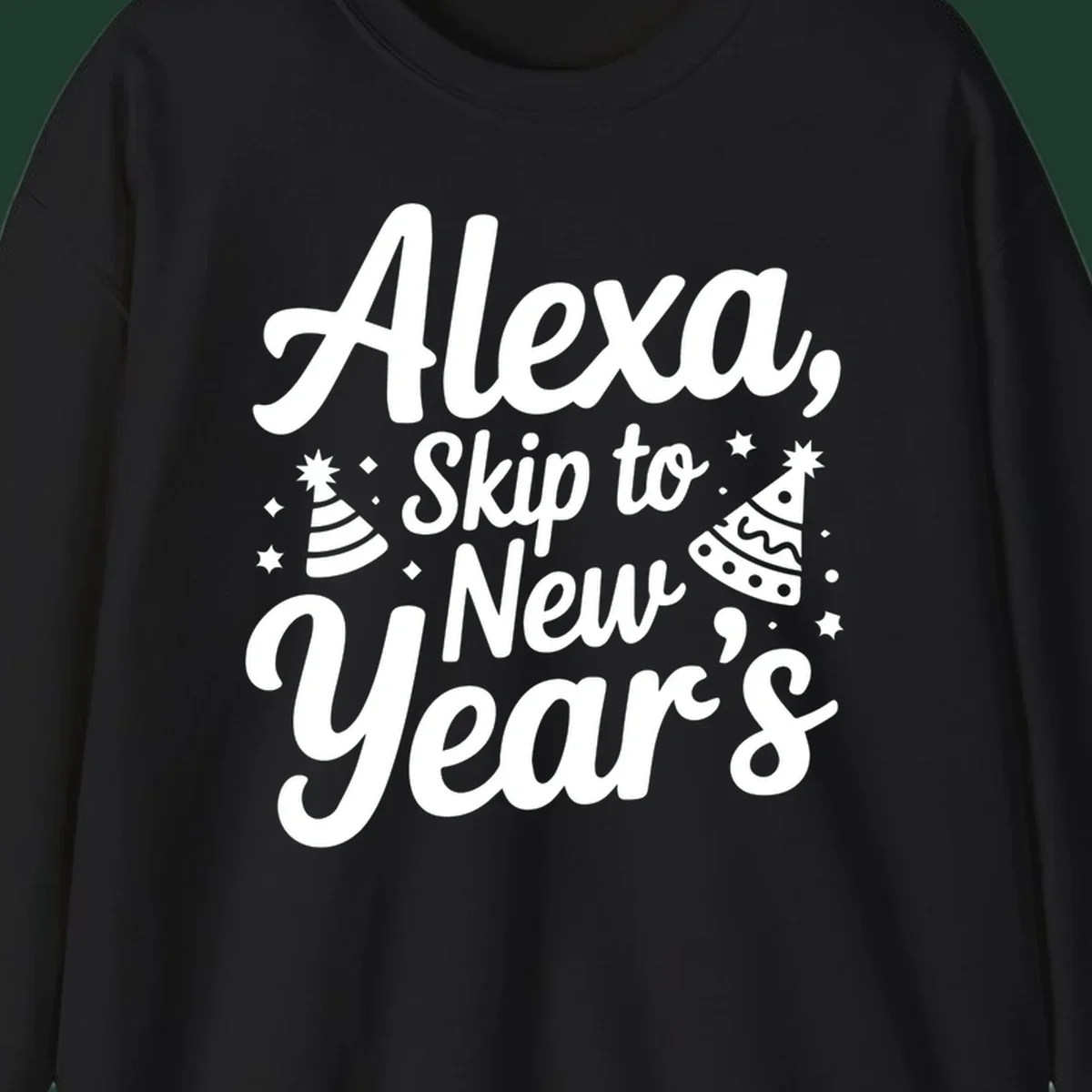 Alexa Skip To New Year's text with party hats and stars graphic.