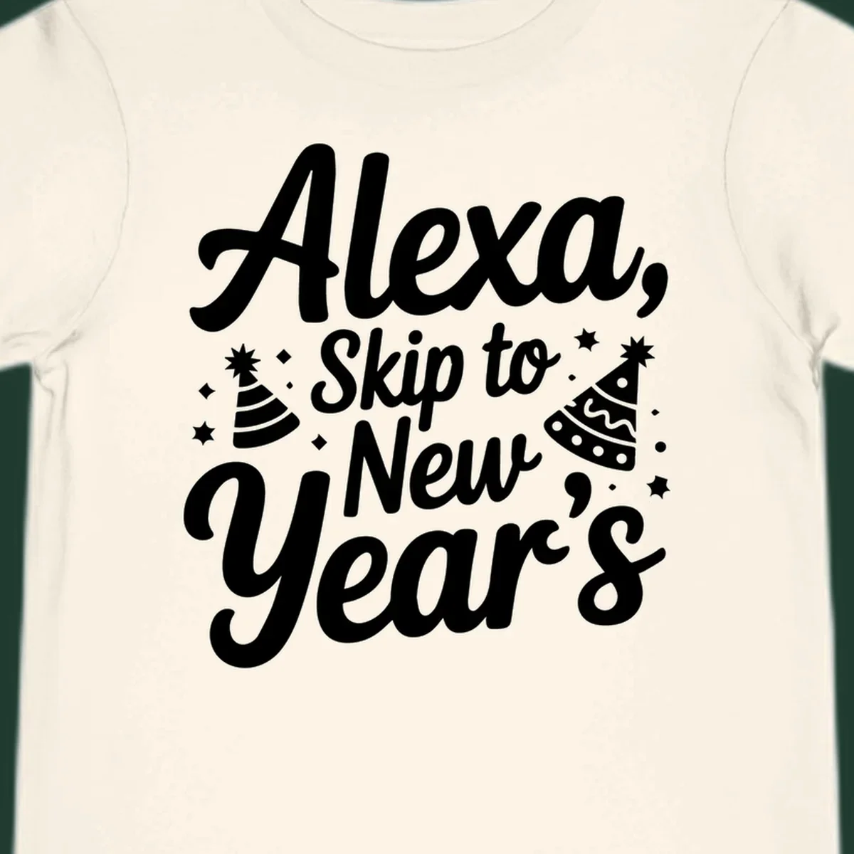 Alexa Skip To New Year's text with party hats and stars graphic.
