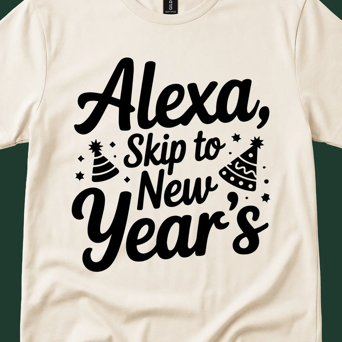 Alexa Skip To New Year's text with party hats and stars graphic.