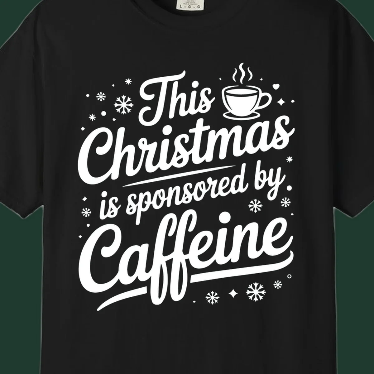 Christmas caffeine sponsored text design with coffee cup and snowflakes.