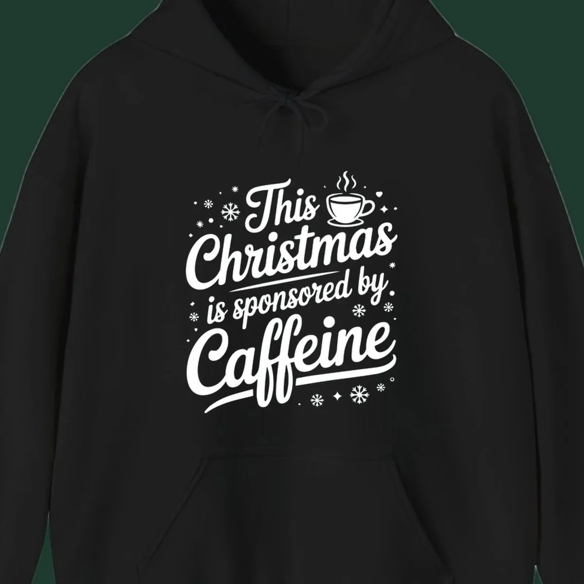 Christmas caffeine sponsored text design with coffee cup and snowflakes.