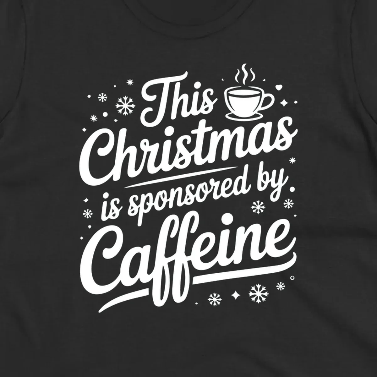 Christmas caffeine sponsored text design with coffee cup and snowflakes.