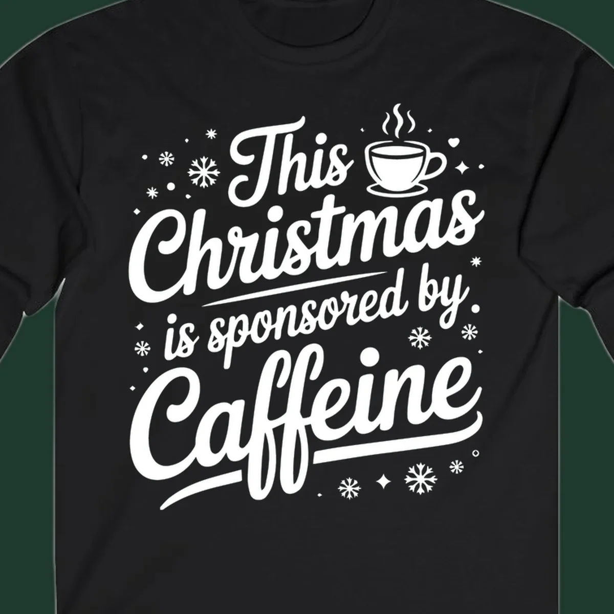 Christmas caffeine sponsored text design with coffee cup and snowflakes.