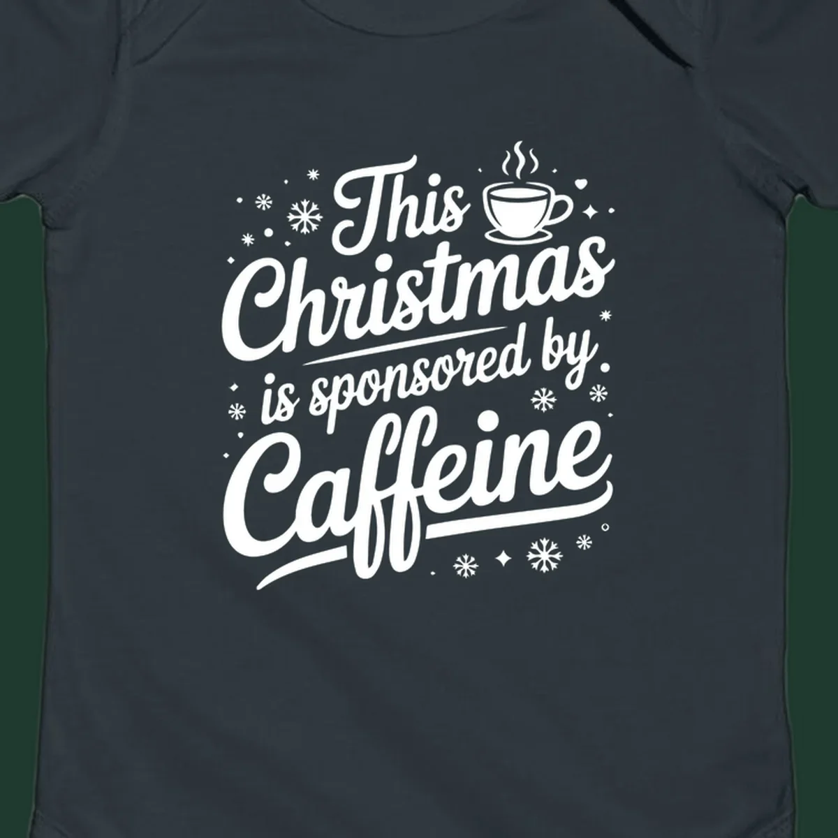 Christmas caffeine sponsored text design with coffee cup and snowflakes.