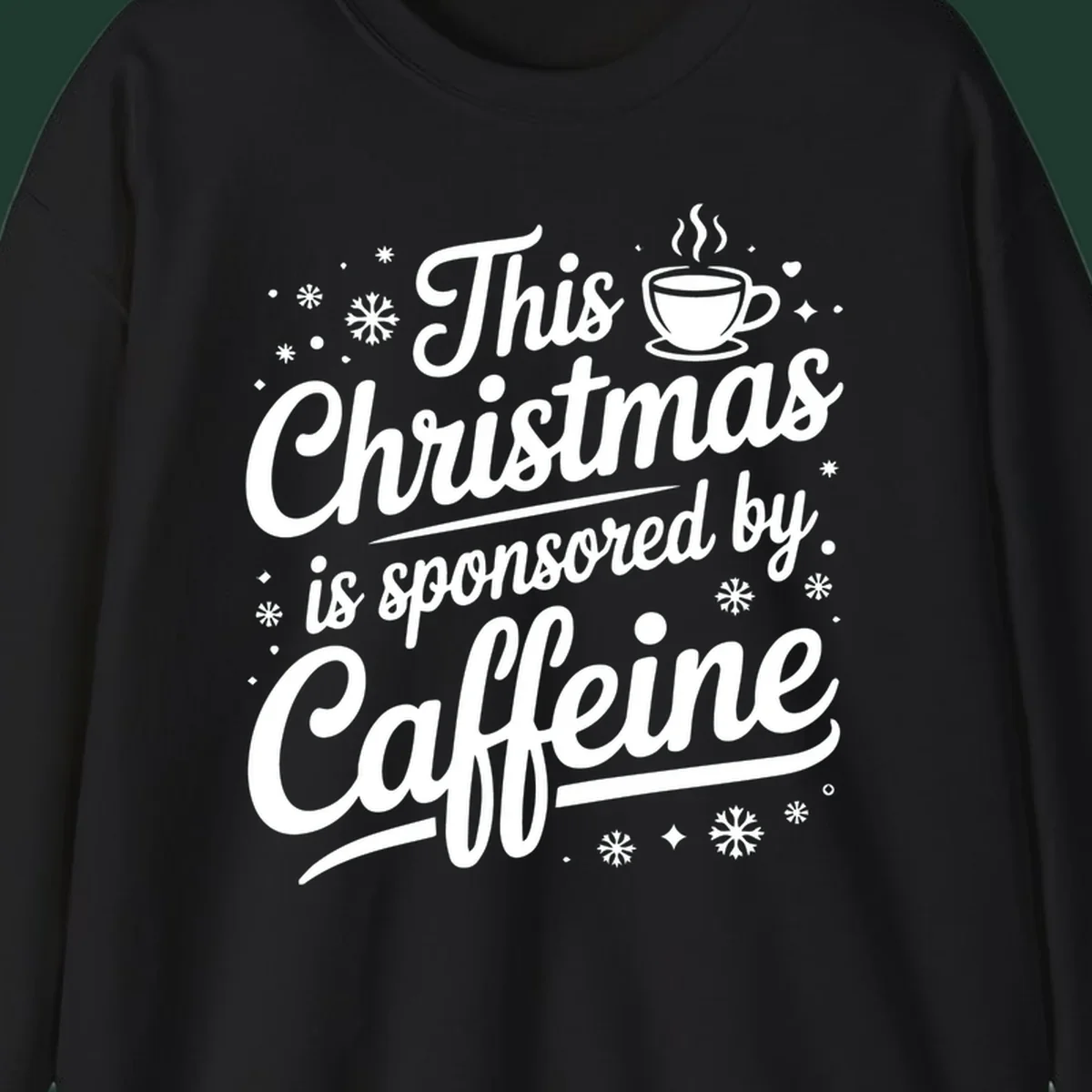 Christmas caffeine sponsored text design with coffee cup and snowflakes.
