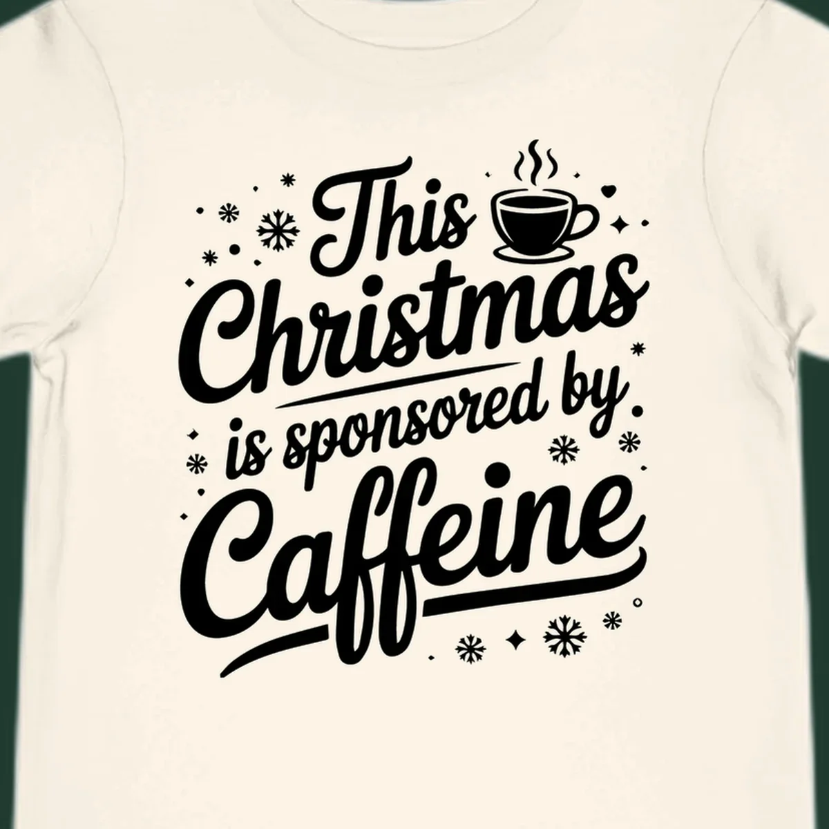Christmas caffeine sponsored text design with coffee cup and snowflakes.