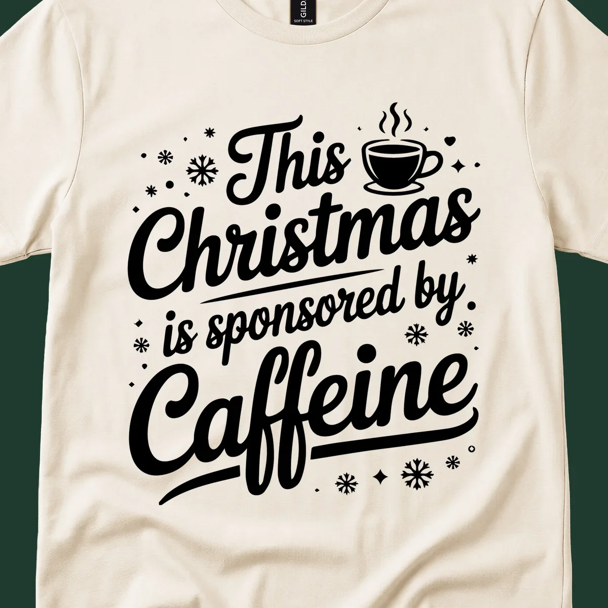 Christmas caffeine sponsored text design with coffee cup and snowflakes.