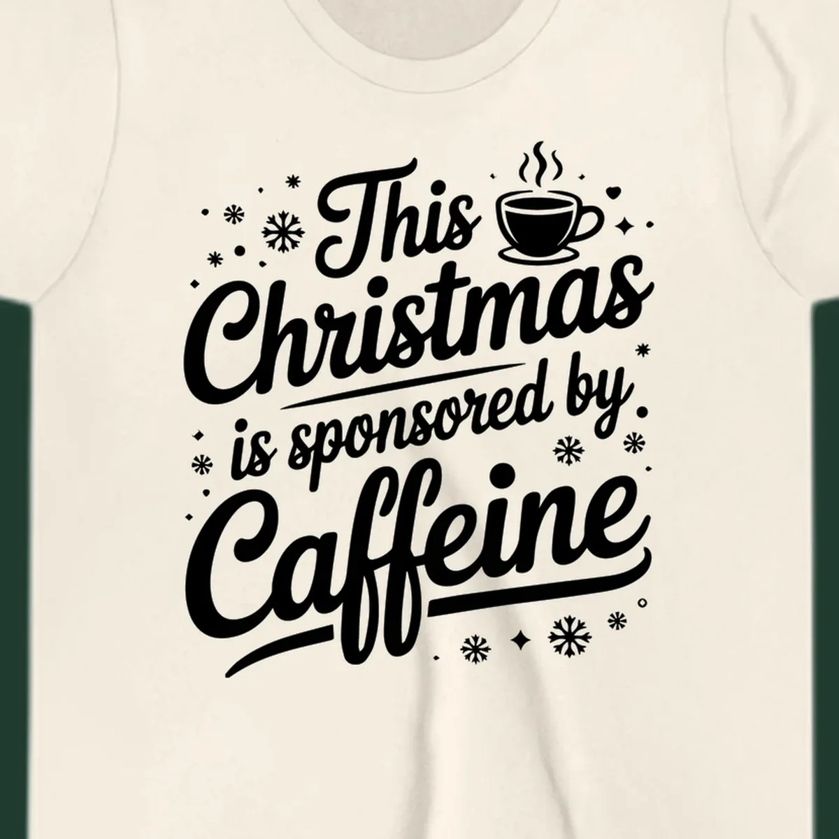 Christmas caffeine sponsored text design with coffee cup and snowflakes.