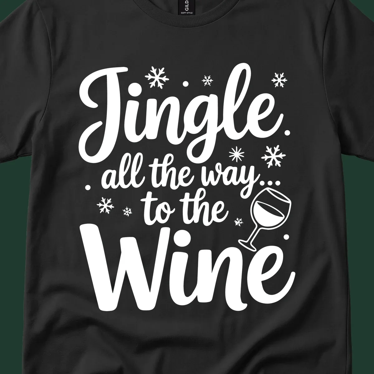 Christmas wine saying typographic design with snowflakes and wine glass.