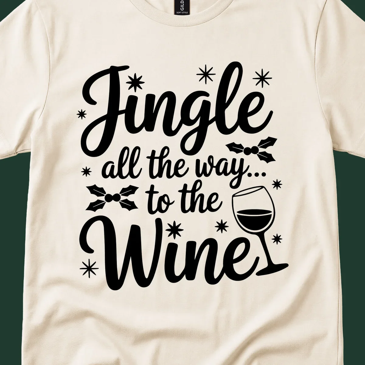 Jingle all the way to the Wines Christmas graphic with wine glass and holly.
