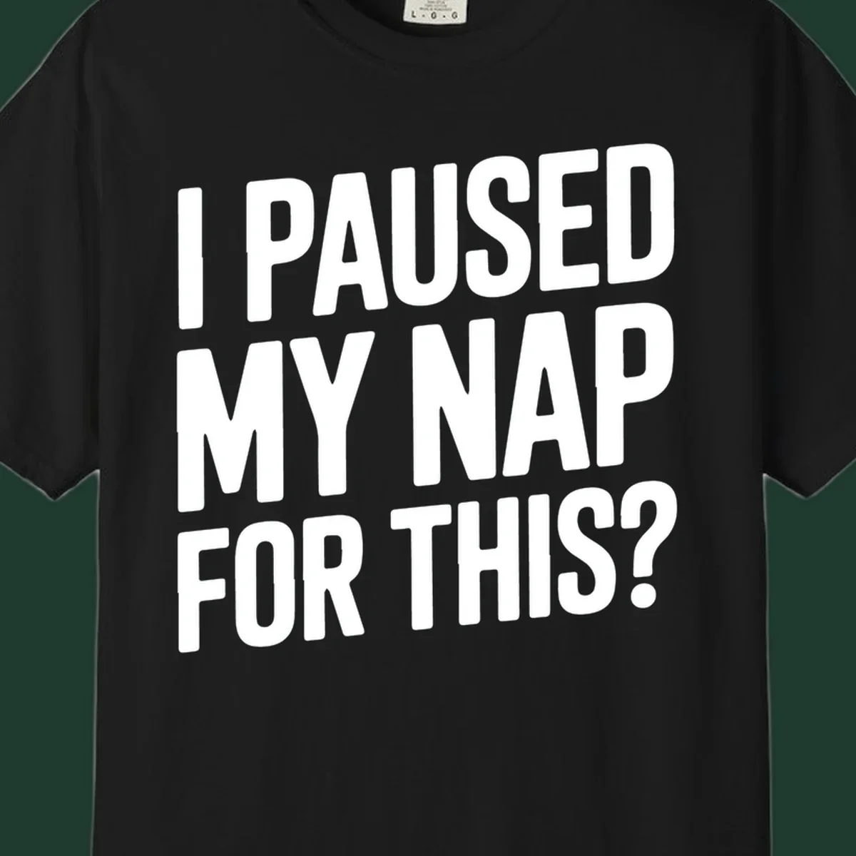 White typography quote 'I PAUSED MY NAP FOR THIS?' on a black background.