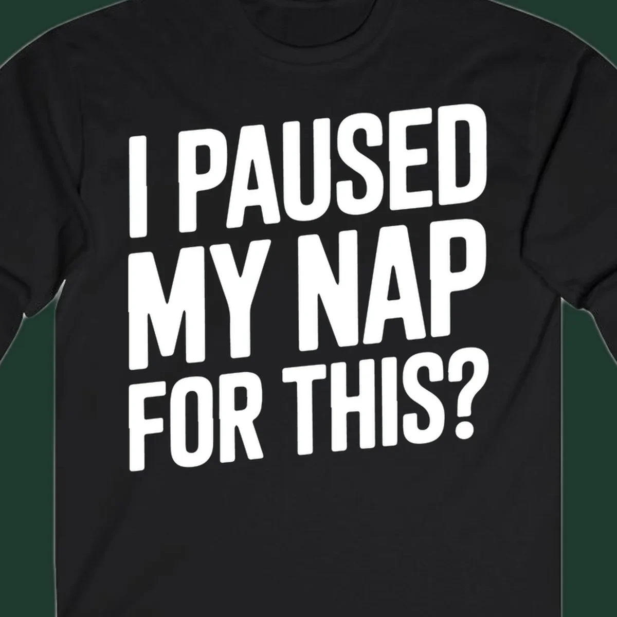 White typography quote 'I PAUSED MY NAP FOR THIS?' on a black background.