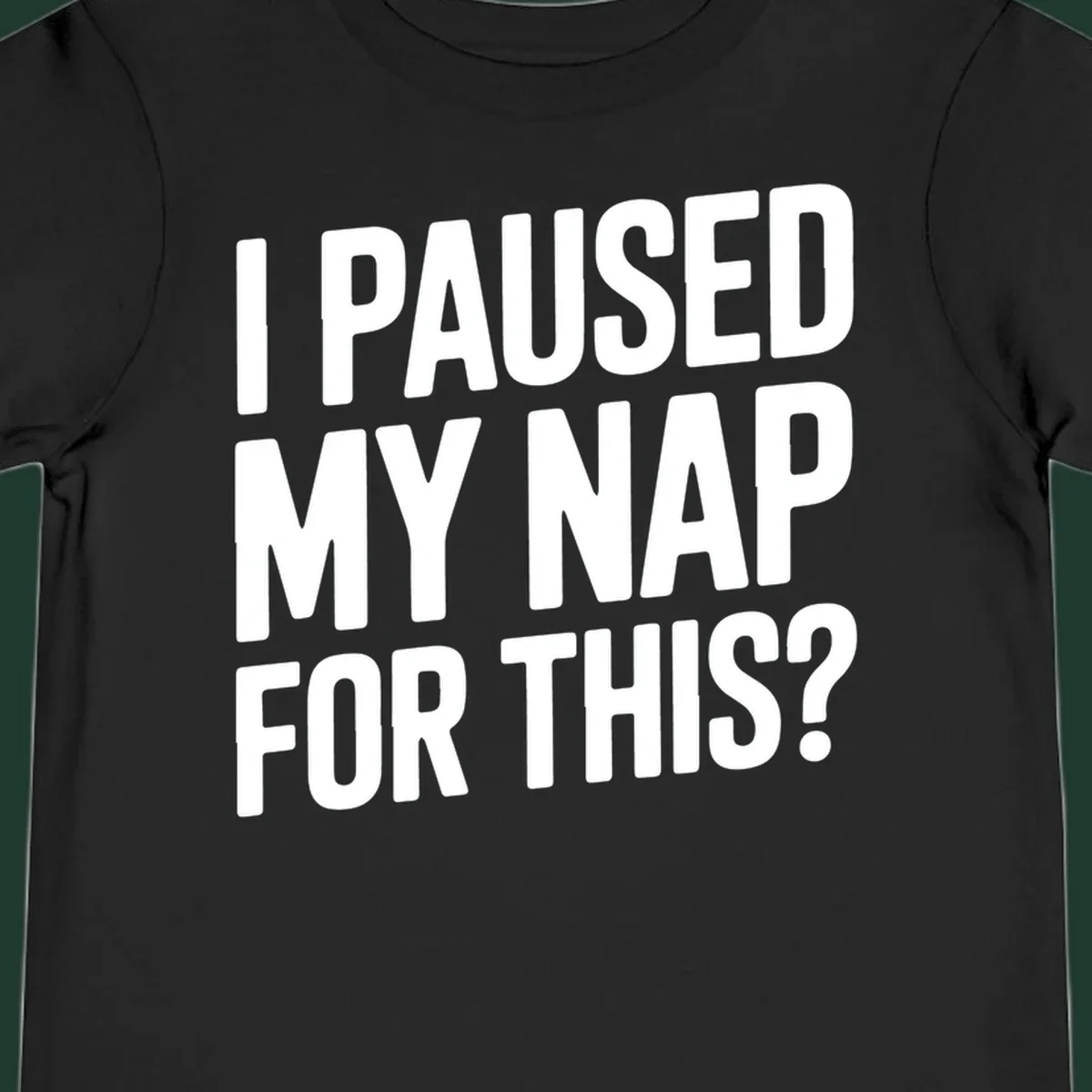 White typography quote 'I PAUSED MY NAP FOR THIS?' on a black background.