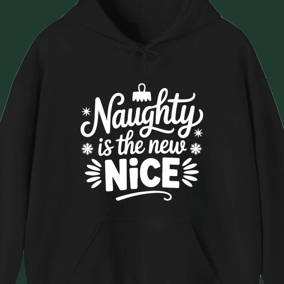 Naughty is the new nice christmas phrase with snowflakes and ornament.
