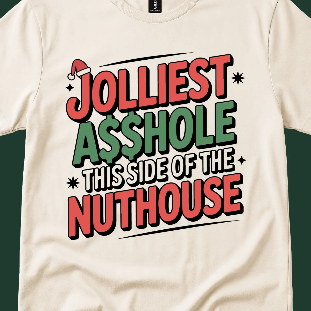 Nuthouse Christmas quote in bold retro typography with a Santa hat and stars.