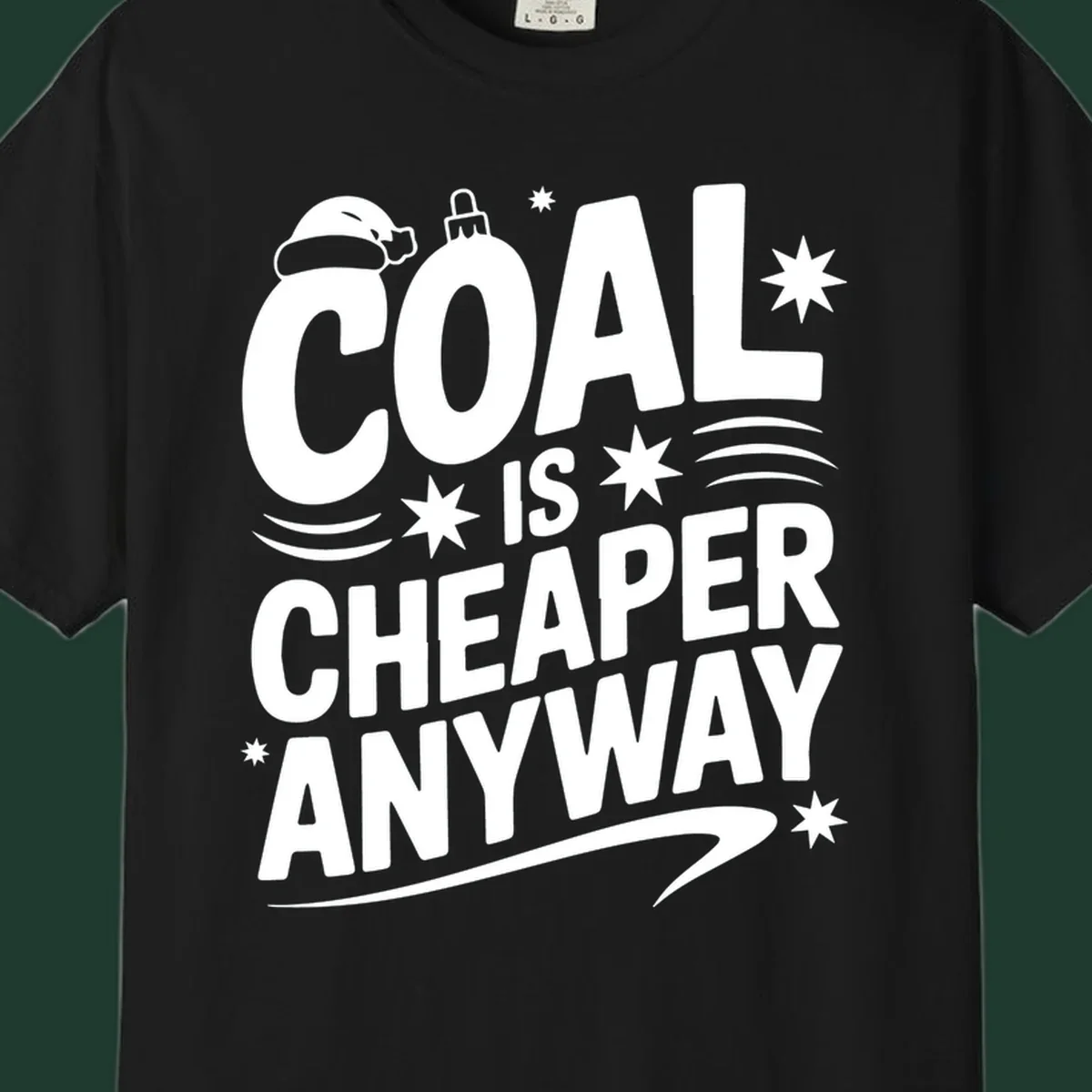 Coal is Cheaper Anyway text design with Santa hat and ornament.