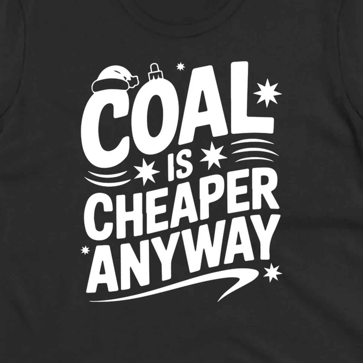 Coal is Cheaper Anyway text design with Santa hat and ornament.