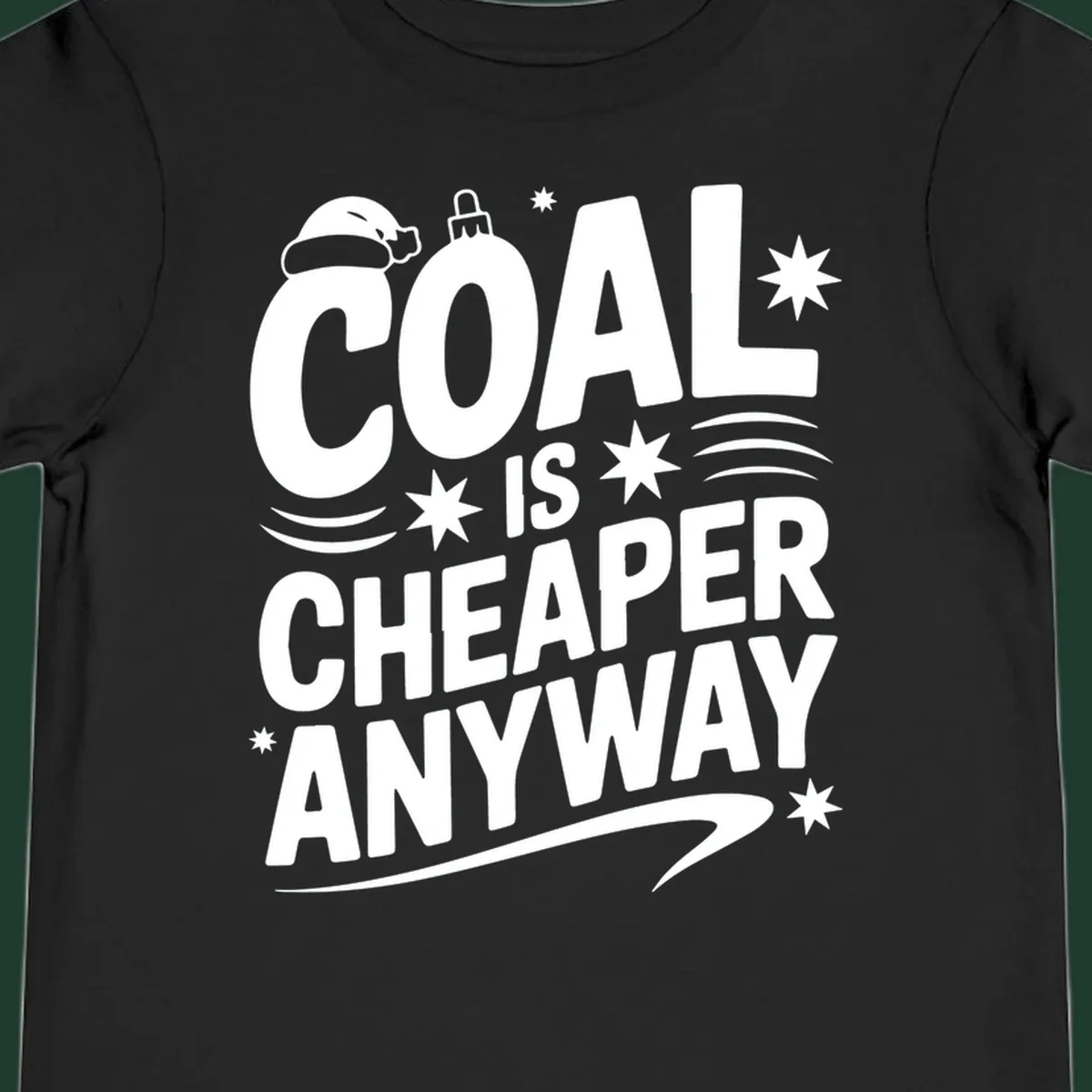 Coal is Cheaper Anyway text design with Santa hat and ornament.