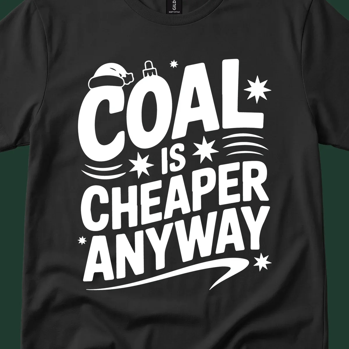 Coal is Cheaper Anyway text design with Santa hat and ornament.