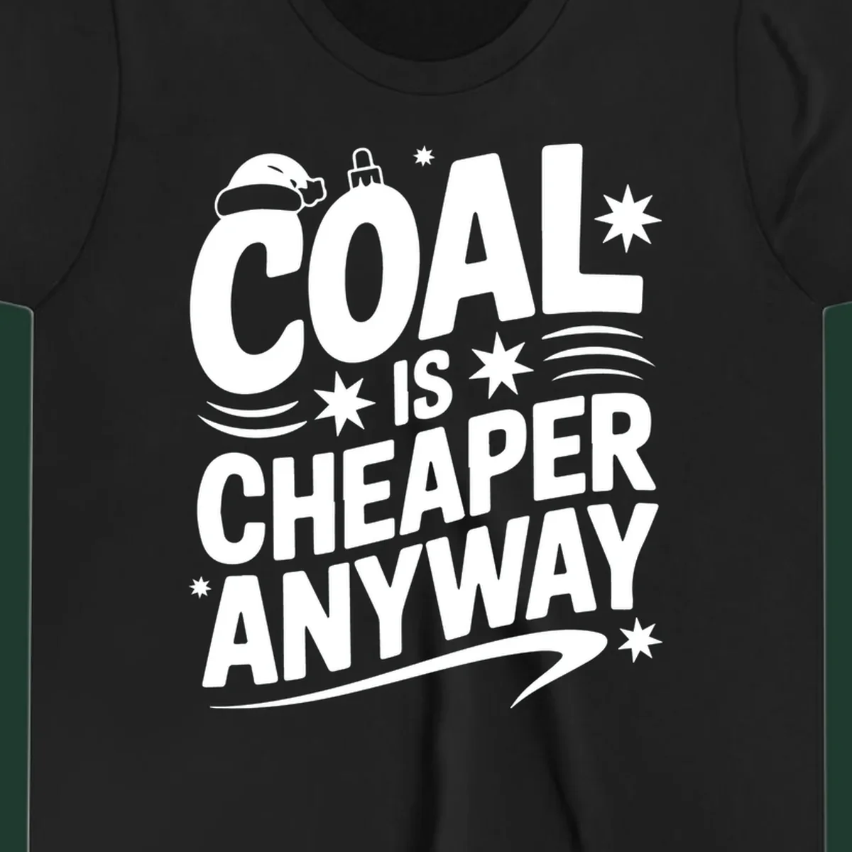 Coal is Cheaper Anyway text design with Santa hat and ornament.