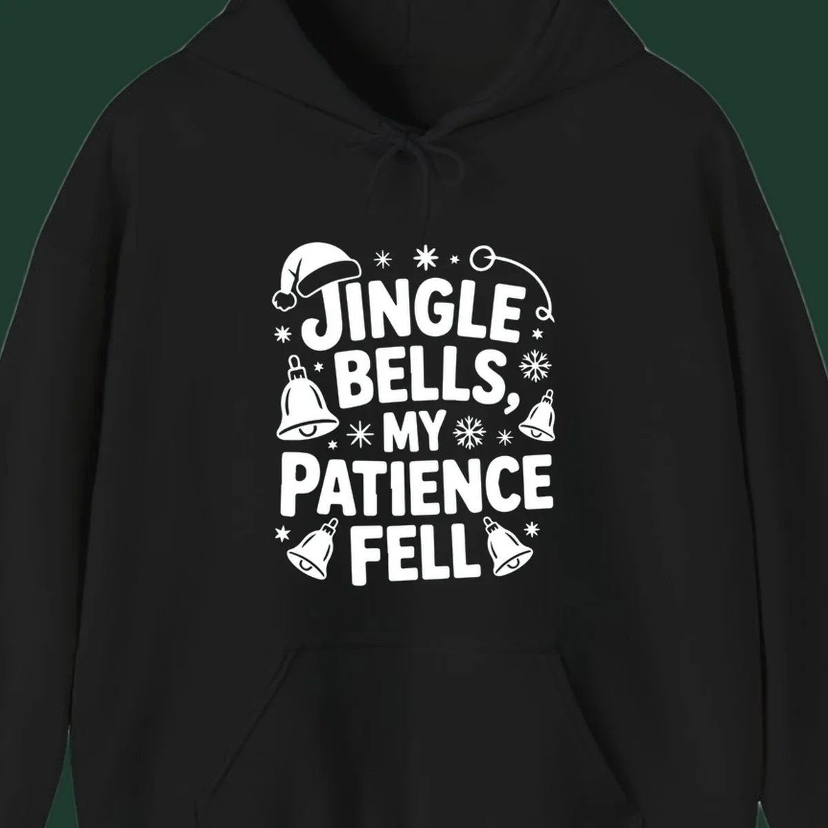 White text quote 'JINGLE BELLS, MY PATIENCE FELL' with Christmas graphics, including a Santa hat and bells.