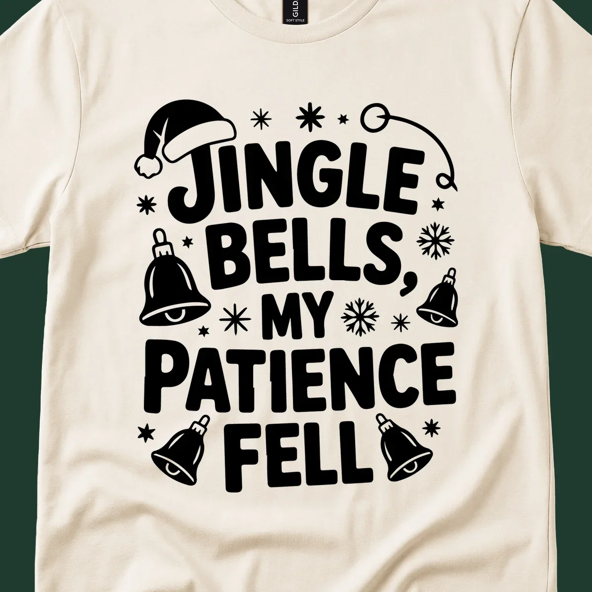 White text quote 'JINGLE BELLS, MY PATIENCE FELL' with Christmas graphics, including a Santa hat and bells.
