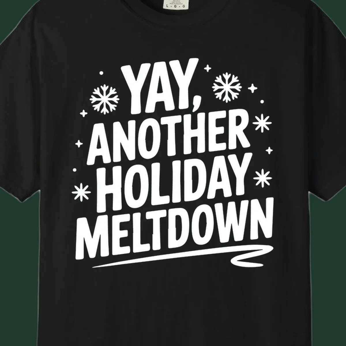 Yay Another Holiday Meltdown typography with snowflakes graphic.