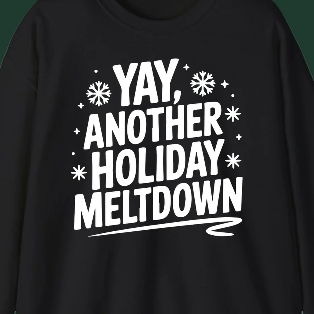 Yay Another Holiday Meltdown typography with snowflakes graphic.