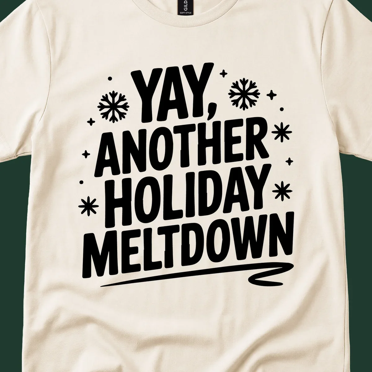 Yay Another Holiday Meltdown typography with snowflakes graphic.