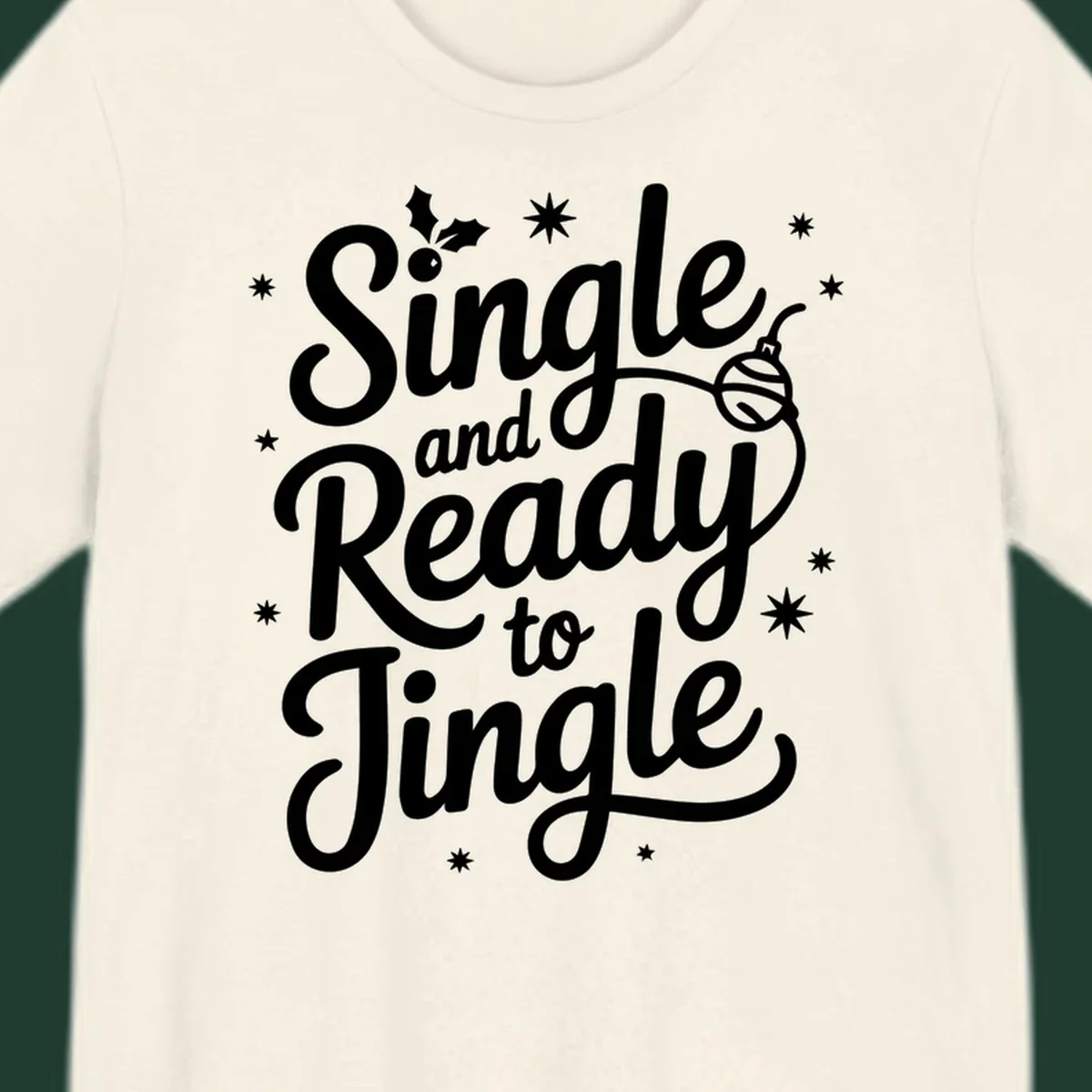 Single and ready to jingle phrase with holly and stars.