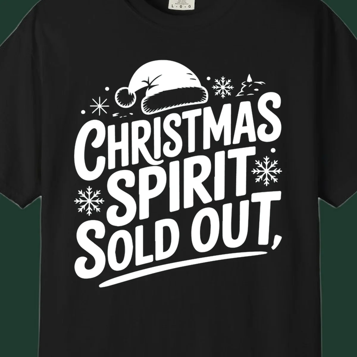Christmas spirit sold out text with santa hat and snowflakes graphic