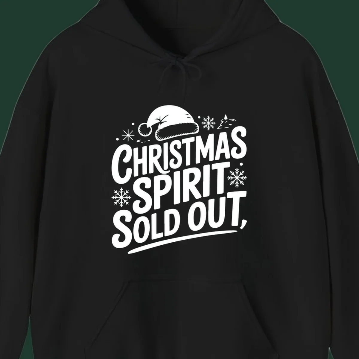 Christmas spirit sold out text with santa hat and snowflakes graphic