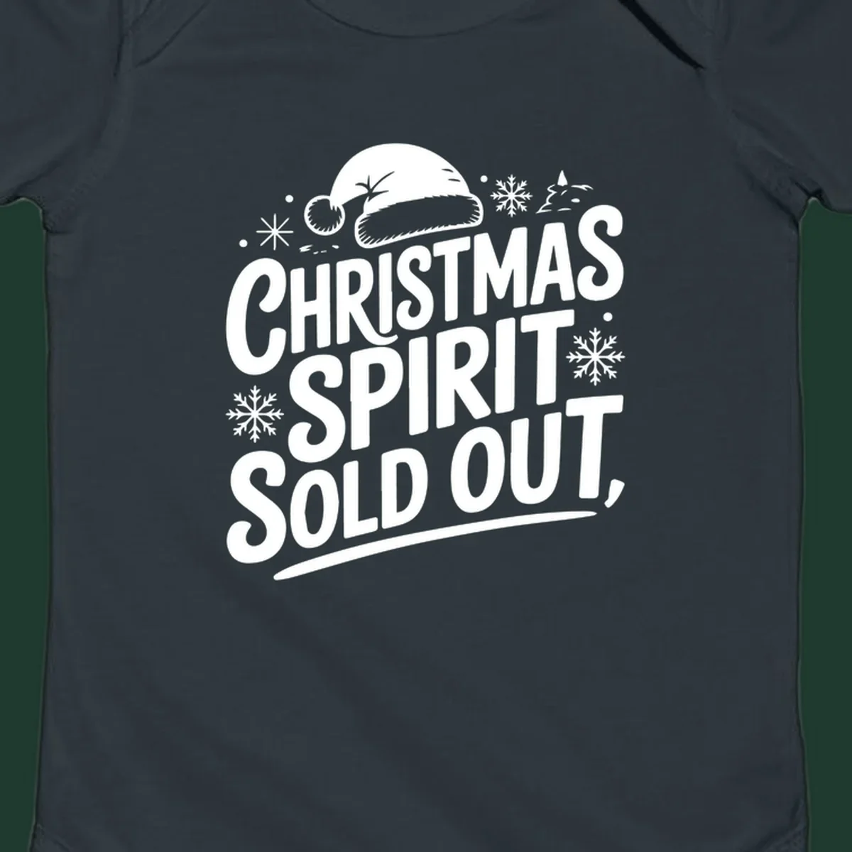 Christmas spirit sold out text with santa hat and snowflakes graphic