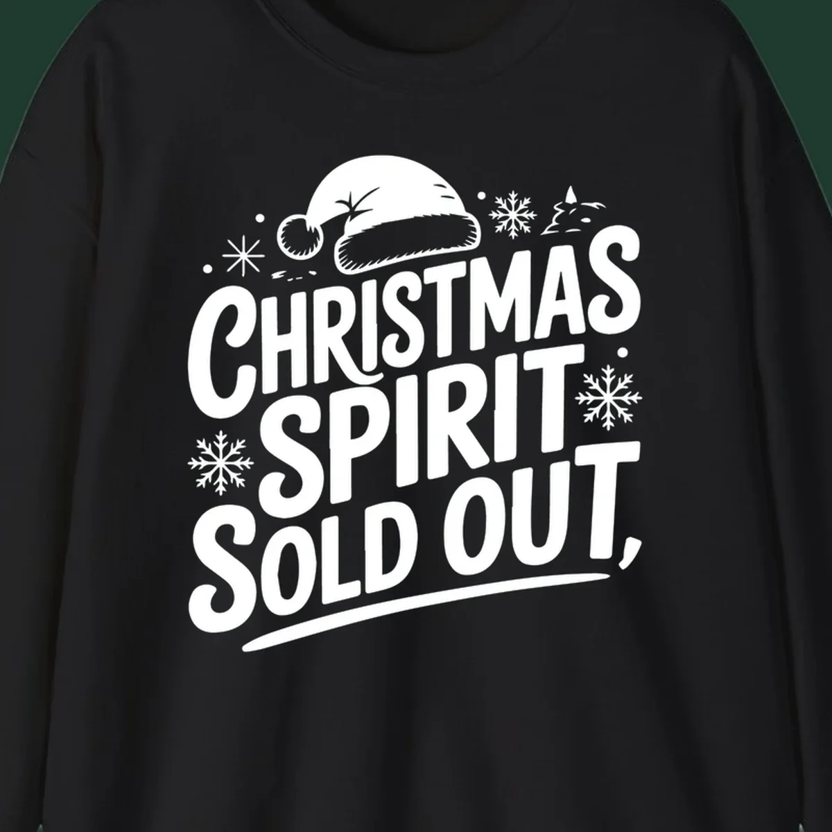 Christmas spirit sold out text with santa hat and snowflakes graphic